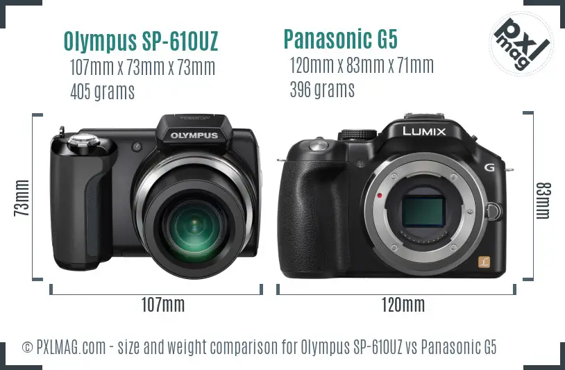 Olympus SP-610UZ vs Panasonic G5 size comparison
