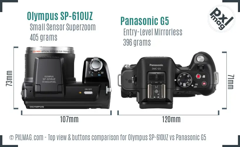Olympus SP-610UZ vs Panasonic G5 top view buttons comparison