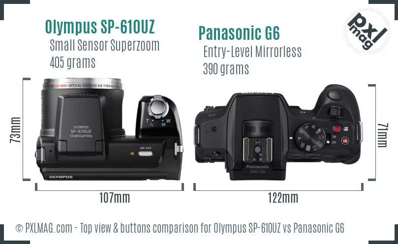 Olympus SP-610UZ vs Panasonic G6 top view buttons comparison