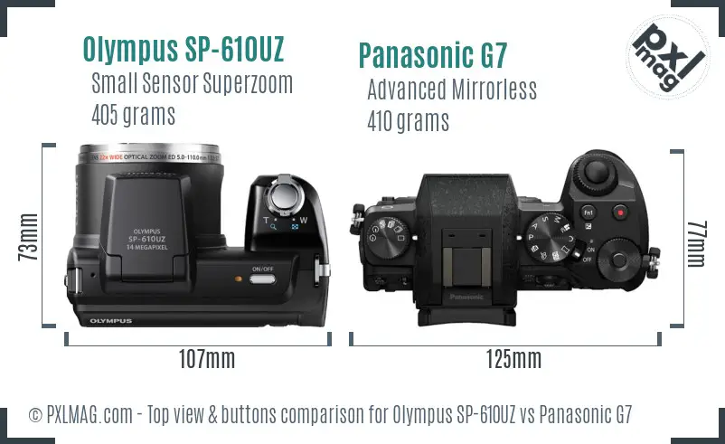 Olympus SP-610UZ vs Panasonic G7 top view buttons comparison