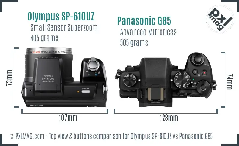 Olympus SP-610UZ vs Panasonic G85 top view buttons comparison