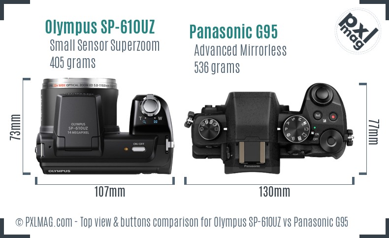 Olympus SP-610UZ vs Panasonic G95 top view buttons comparison