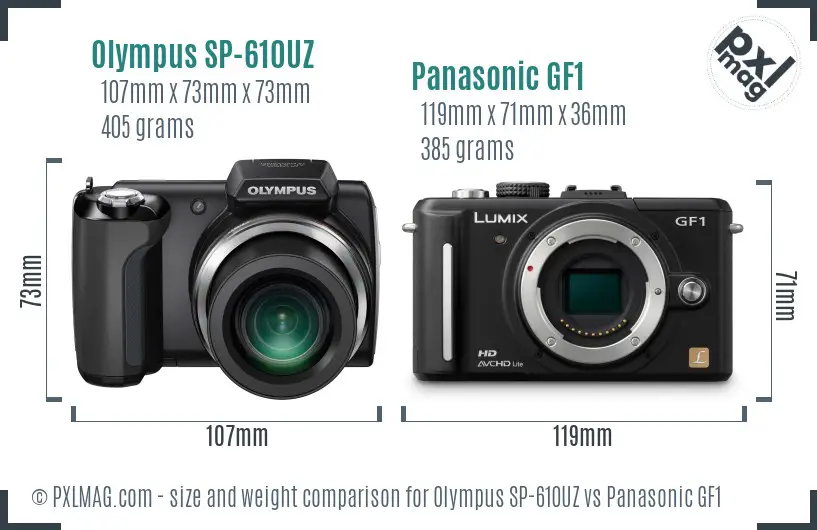 Olympus SP-610UZ vs Panasonic GF1 size comparison