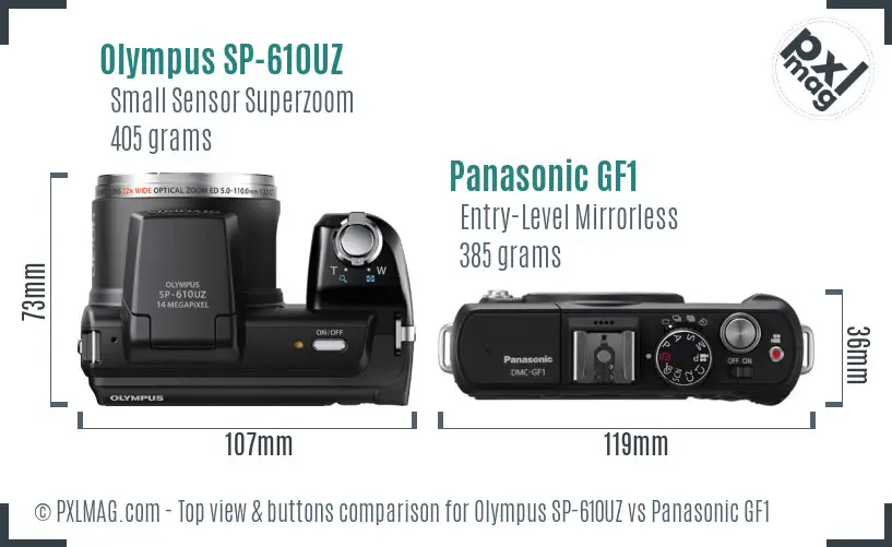 Olympus SP-610UZ vs Panasonic GF1 top view buttons comparison