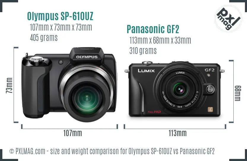 Olympus SP-610UZ vs Panasonic GF2 size comparison