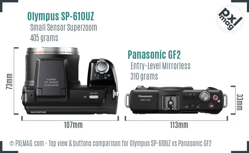 Olympus SP-610UZ vs Panasonic GF2 top view buttons comparison