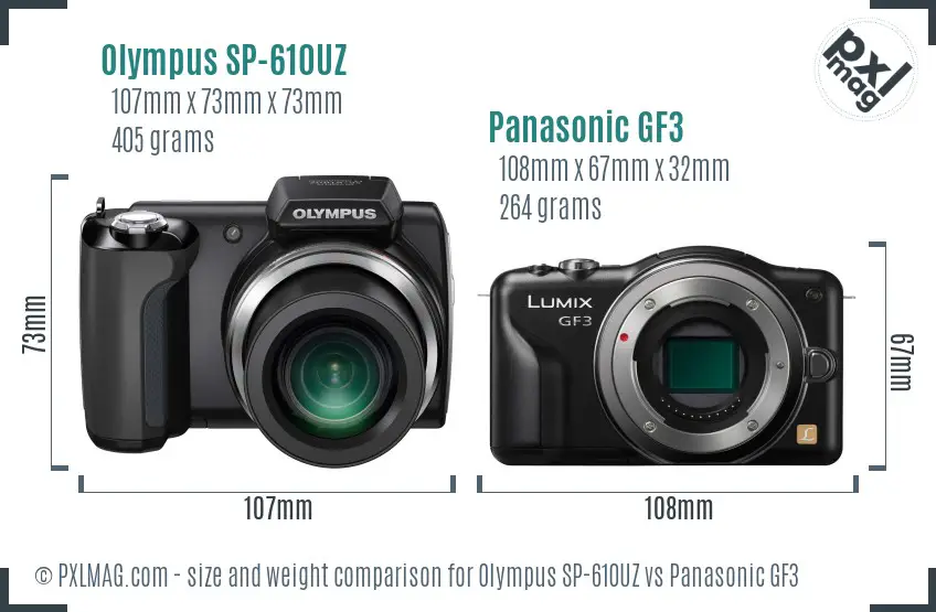 Olympus SP-610UZ vs Panasonic GF3 size comparison