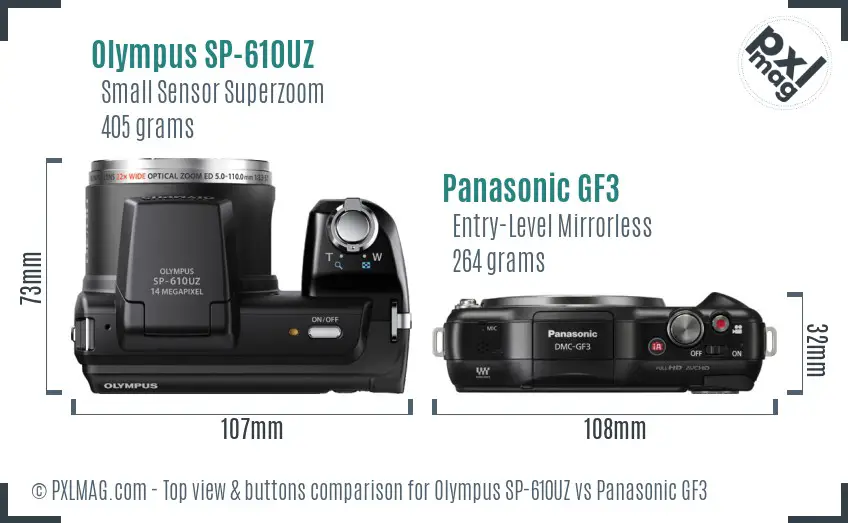 Olympus SP-610UZ vs Panasonic GF3 top view buttons comparison