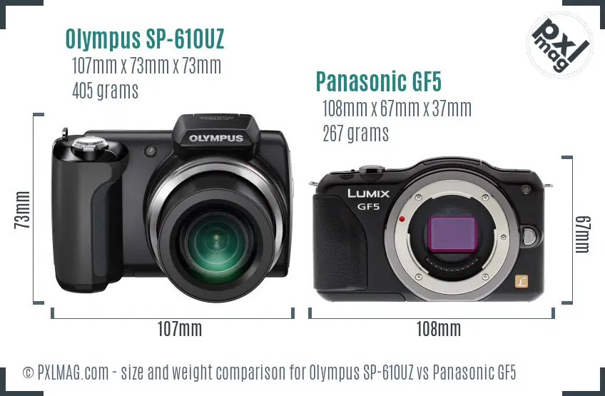 Olympus SP-610UZ vs Panasonic GF5 size comparison