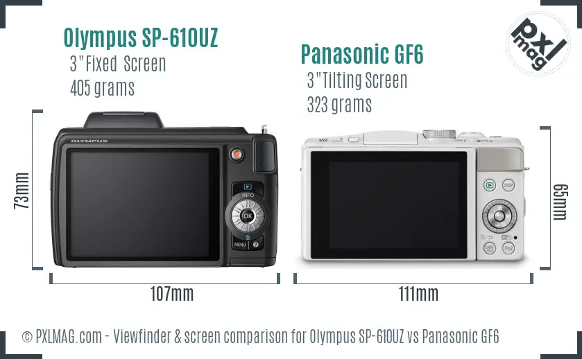 Olympus SP-610UZ vs Panasonic GF6 Screen and Viewfinder comparison