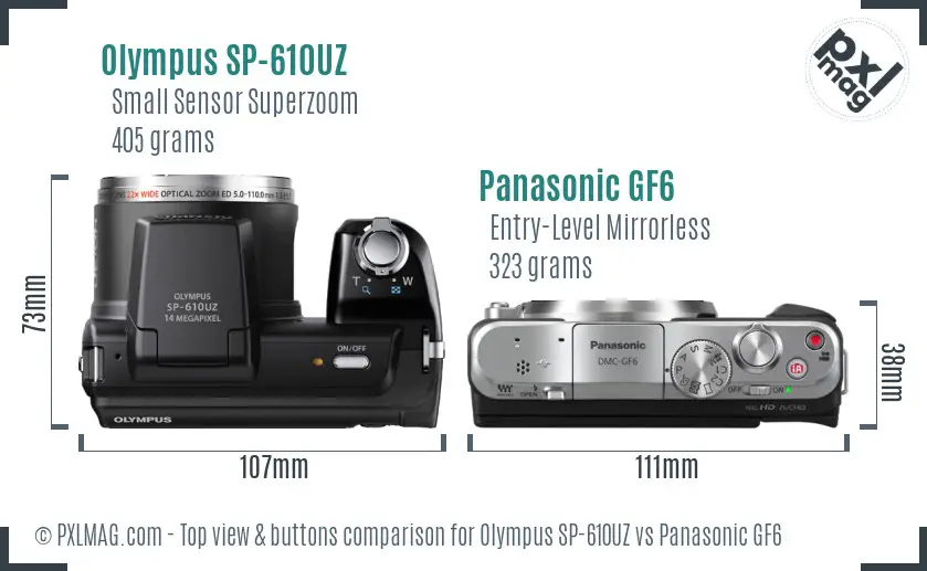 Olympus SP-610UZ vs Panasonic GF6 top view buttons comparison