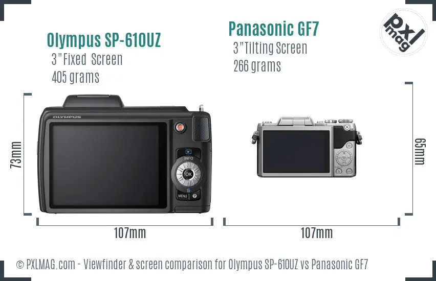 Olympus SP-610UZ vs Panasonic GF7 Screen and Viewfinder comparison