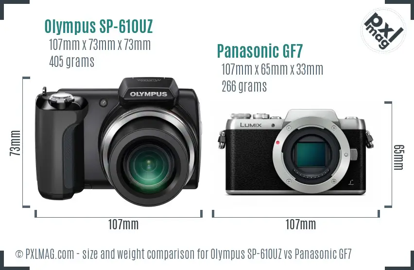 Olympus SP-610UZ vs Panasonic GF7 size comparison