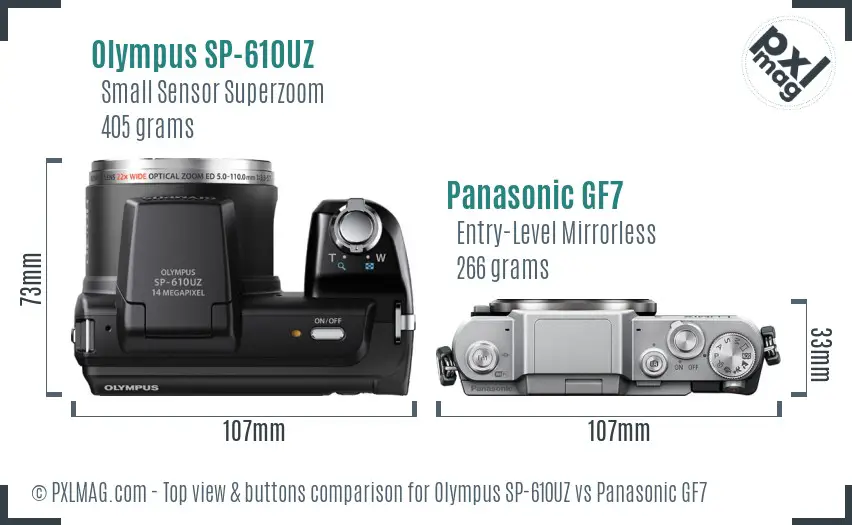 Olympus SP-610UZ vs Panasonic GF7 top view buttons comparison