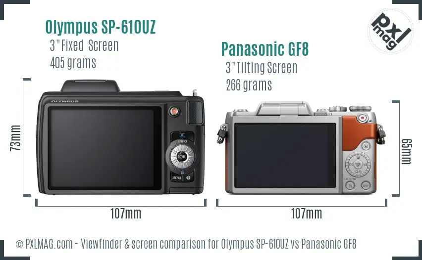 Olympus SP-610UZ vs Panasonic GF8 Screen and Viewfinder comparison
