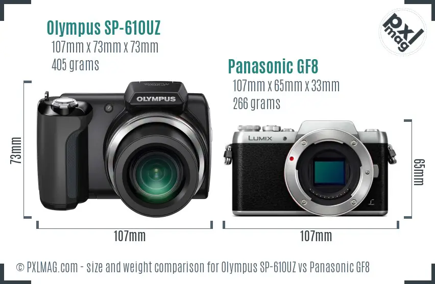 Olympus SP-610UZ vs Panasonic GF8 size comparison