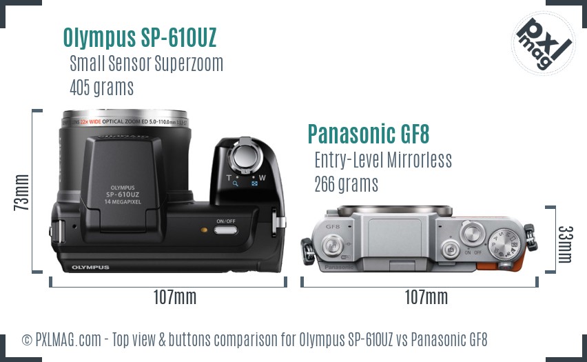Olympus SP-610UZ vs Panasonic GF8 top view buttons comparison