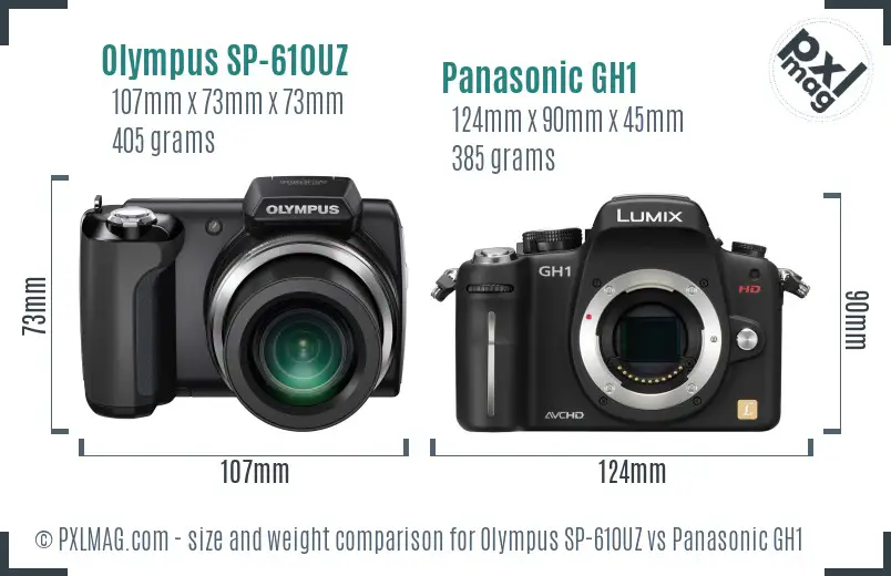 Olympus SP-610UZ vs Panasonic GH1 size comparison