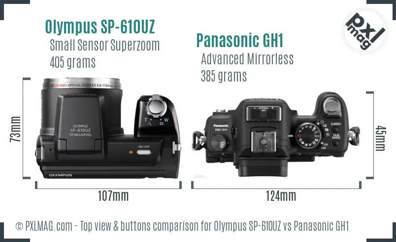 Olympus SP-610UZ vs Panasonic GH1 top view buttons comparison