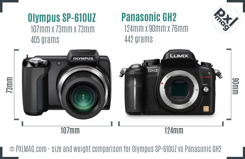 Olympus SP-610UZ vs Panasonic GH2 size comparison