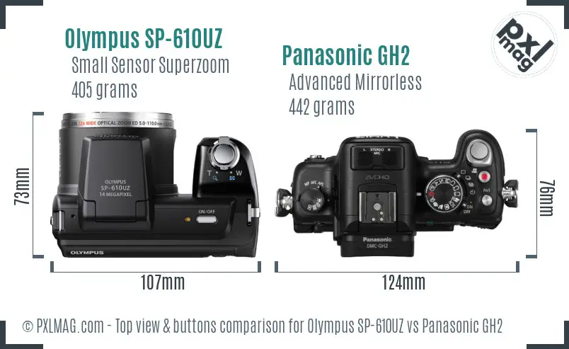 Olympus SP-610UZ vs Panasonic GH2 top view buttons comparison
