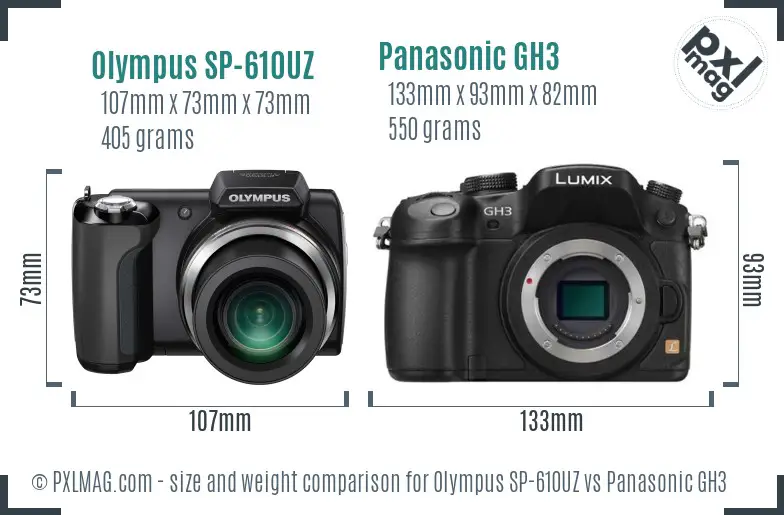 Olympus SP-610UZ vs Panasonic GH3 size comparison