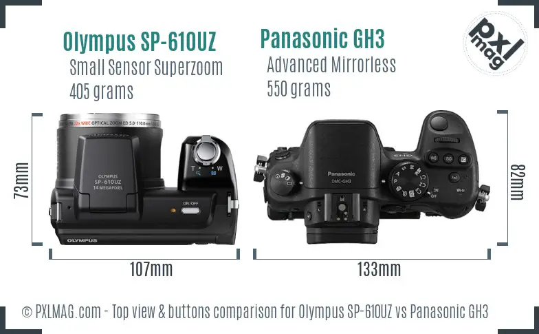 Olympus SP-610UZ vs Panasonic GH3 top view buttons comparison