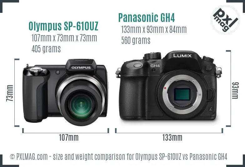 Olympus SP-610UZ vs Panasonic GH4 size comparison