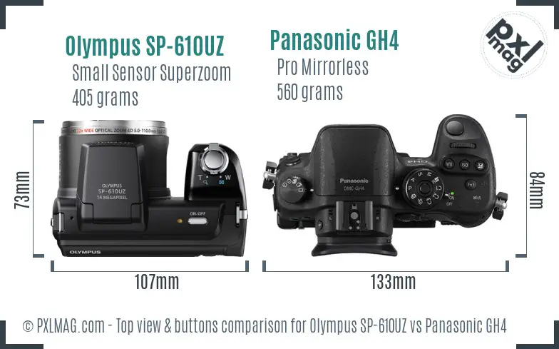 Olympus SP-610UZ vs Panasonic GH4 top view buttons comparison