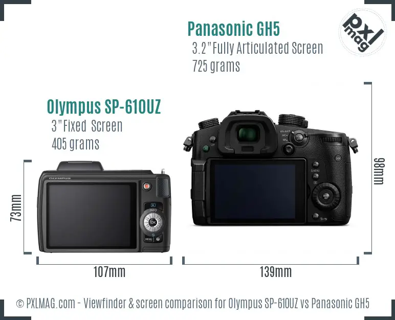 Olympus SP-610UZ vs Panasonic GH5 Screen and Viewfinder comparison