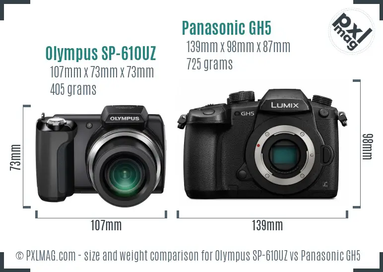 Olympus SP-610UZ vs Panasonic GH5 size comparison