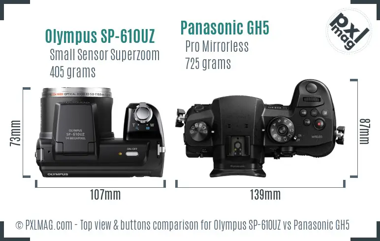 Olympus SP-610UZ vs Panasonic GH5 top view buttons comparison