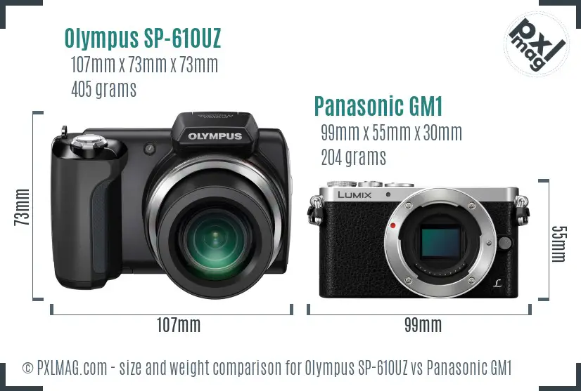 Olympus SP-610UZ vs Panasonic GM1 size comparison