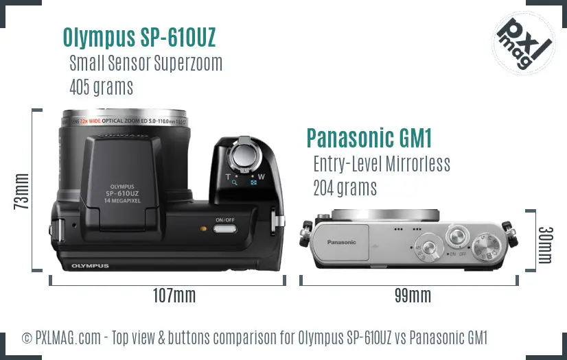 Olympus SP-610UZ vs Panasonic GM1 top view buttons comparison