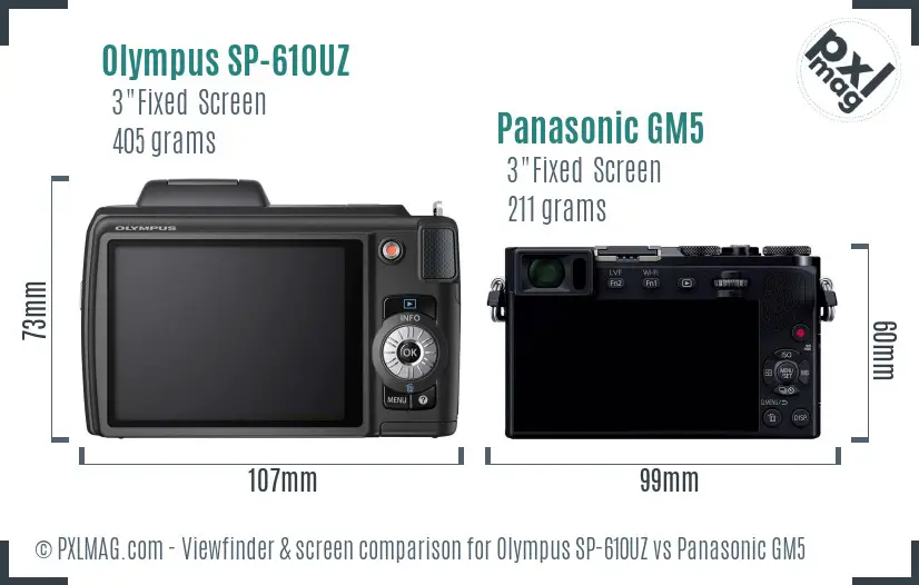 Olympus SP-610UZ vs Panasonic GM5 Screen and Viewfinder comparison