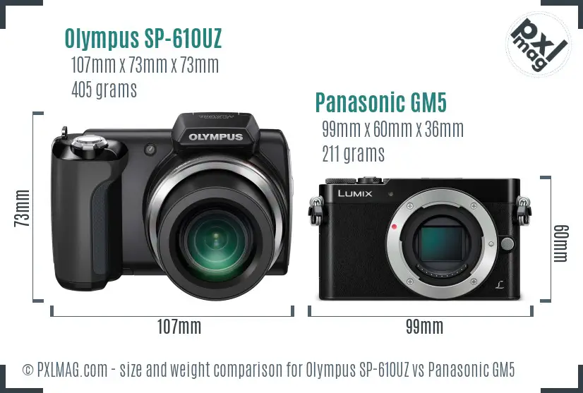 Olympus SP-610UZ vs Panasonic GM5 size comparison