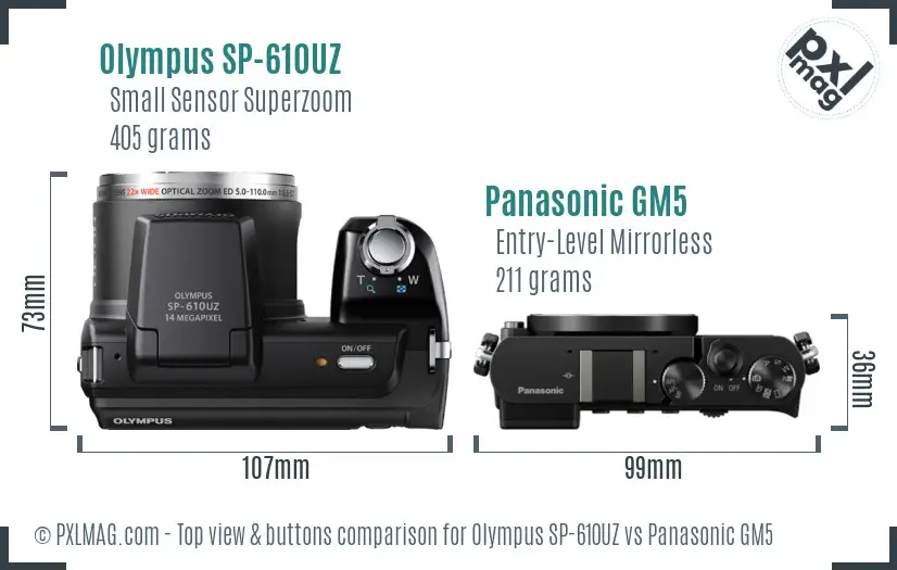 Olympus SP-610UZ vs Panasonic GM5 top view buttons comparison