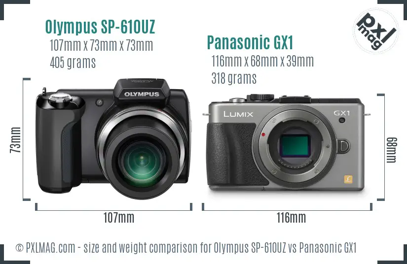 Olympus SP-610UZ vs Panasonic GX1 size comparison