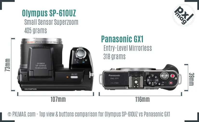Olympus SP-610UZ vs Panasonic GX1 top view buttons comparison