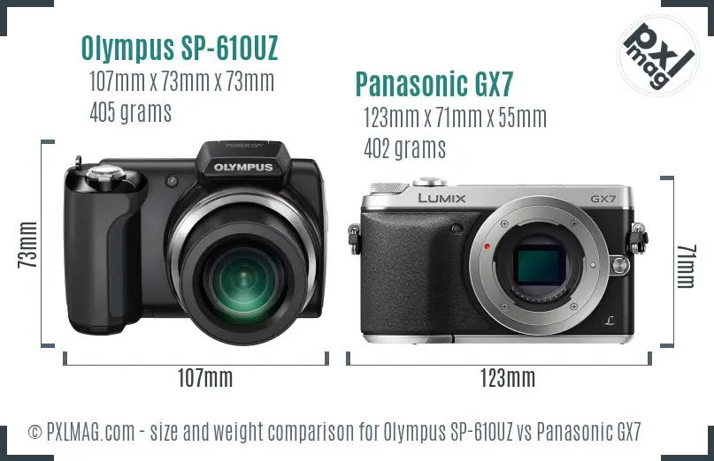 Olympus SP-610UZ vs Panasonic GX7 size comparison
