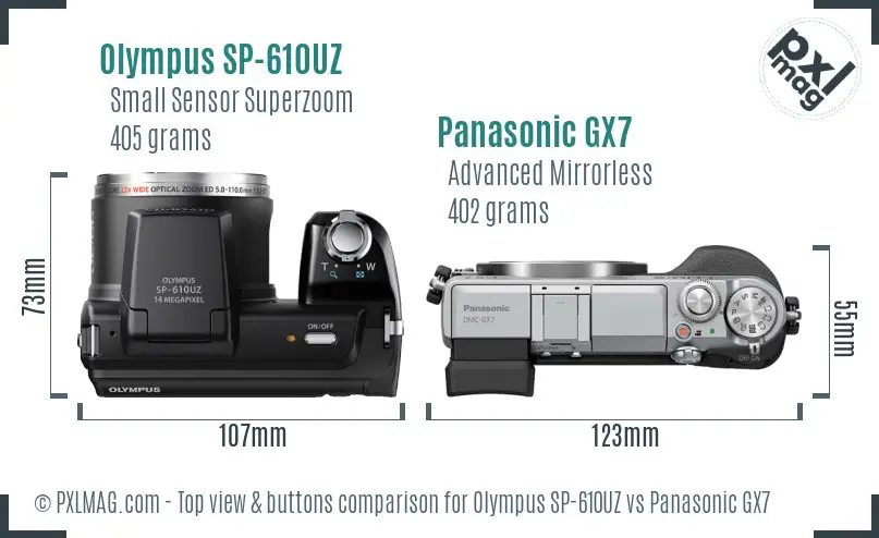 Olympus SP-610UZ vs Panasonic GX7 top view buttons comparison
