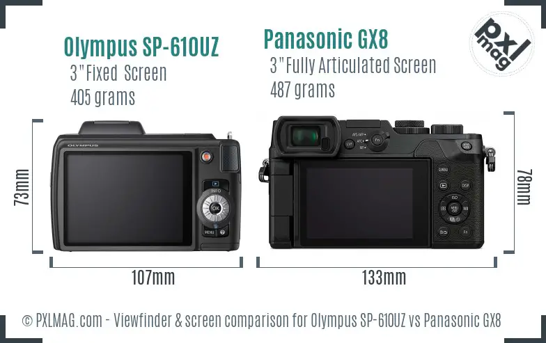 Olympus SP-610UZ vs Panasonic GX8 Screen and Viewfinder comparison