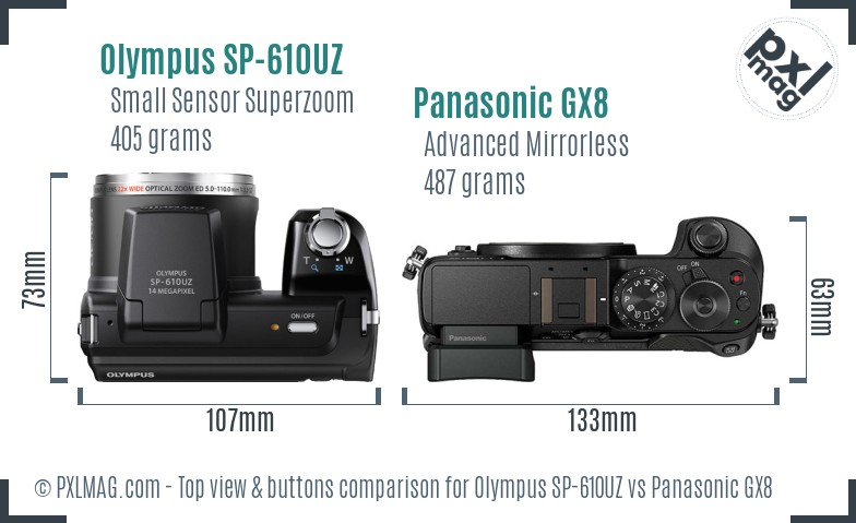 Olympus SP-610UZ vs Panasonic GX8 top view buttons comparison