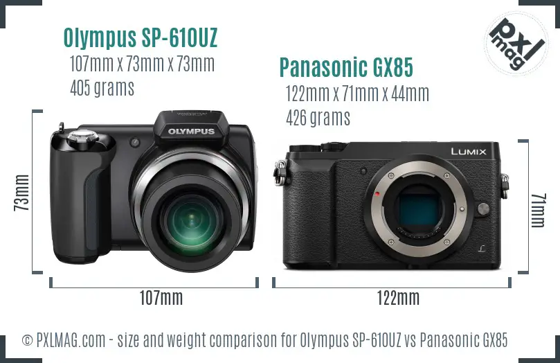 Olympus SP-610UZ vs Panasonic GX85 size comparison
