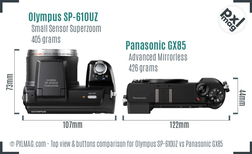 Olympus SP-610UZ vs Panasonic GX85 top view buttons comparison