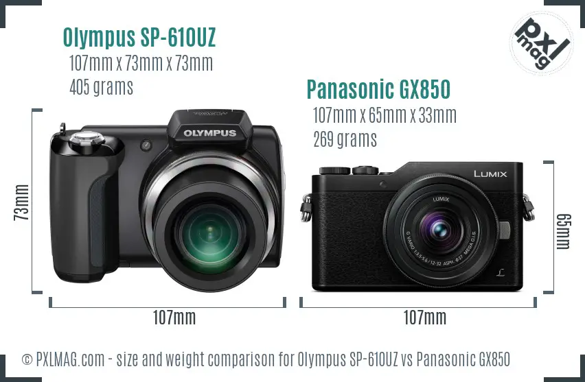 Olympus SP-610UZ vs Panasonic GX850 size comparison