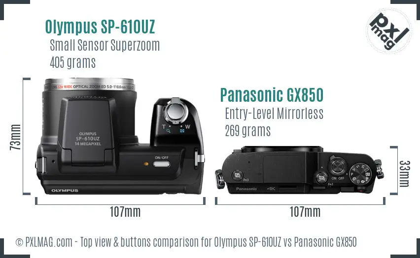 Olympus SP-610UZ vs Panasonic GX850 top view buttons comparison