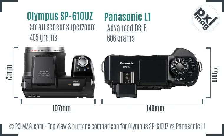Olympus SP-610UZ vs Panasonic L1 top view buttons comparison