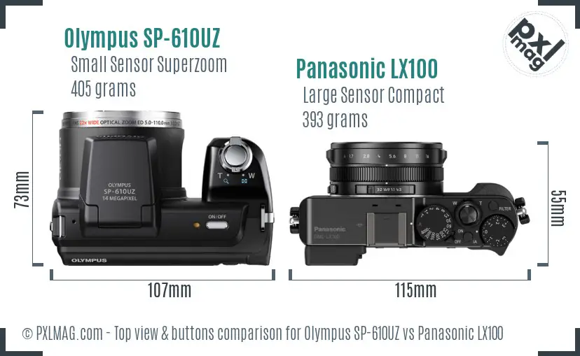 Olympus SP-610UZ vs Panasonic LX100 top view buttons comparison
