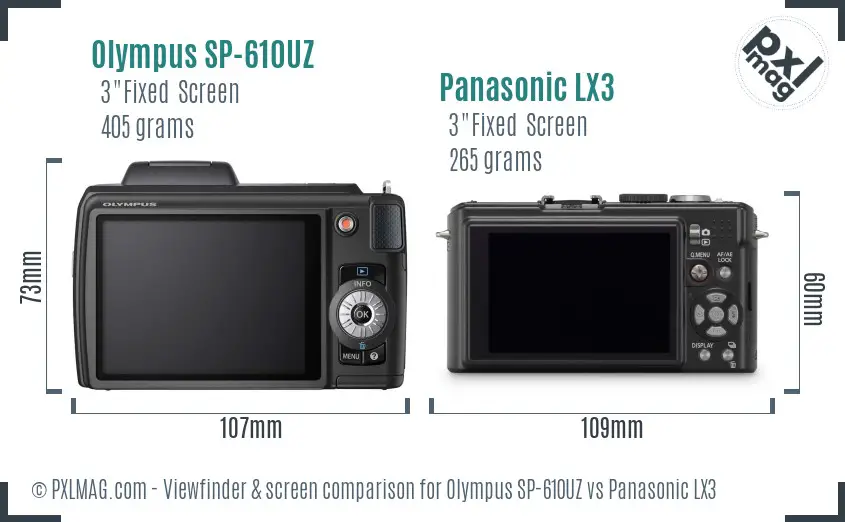 Olympus SP-610UZ vs Panasonic LX3 Screen and Viewfinder comparison
